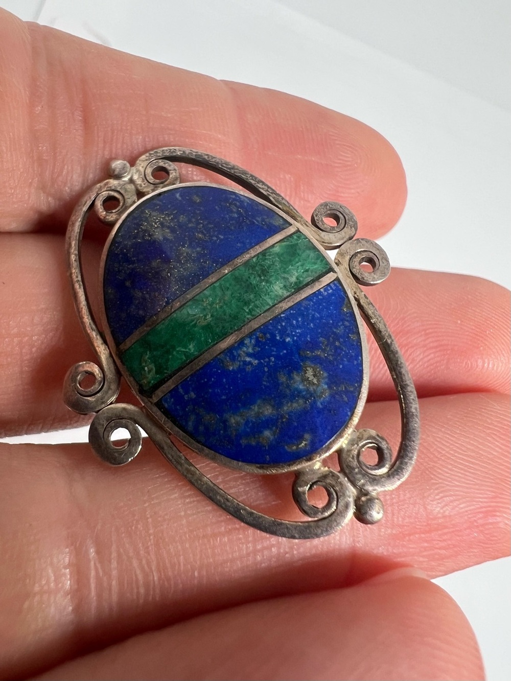 950 Silver Lapis and Malachite or Green Turquoise Inlay Brooch